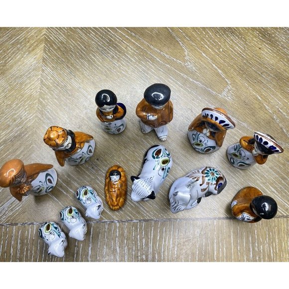 Mexican Folk Art 13 Pc NATIVITY SCENE Tonala Pottery Christmas Décor Green Brown - Picture 7 of 8